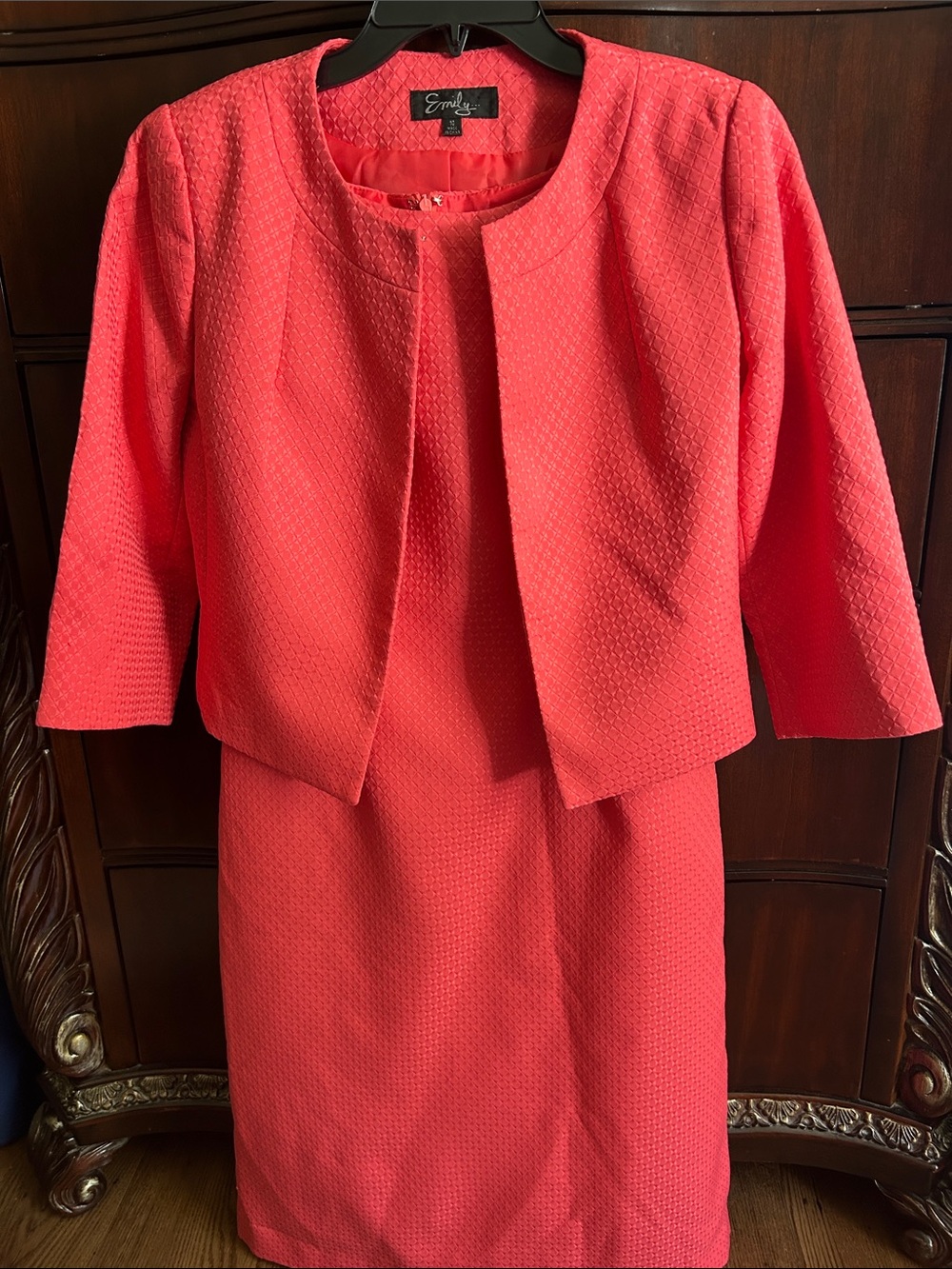 Emily Coral Pink Textured Long-Sleeve Sheath Dress with Matching Cropped Jacket